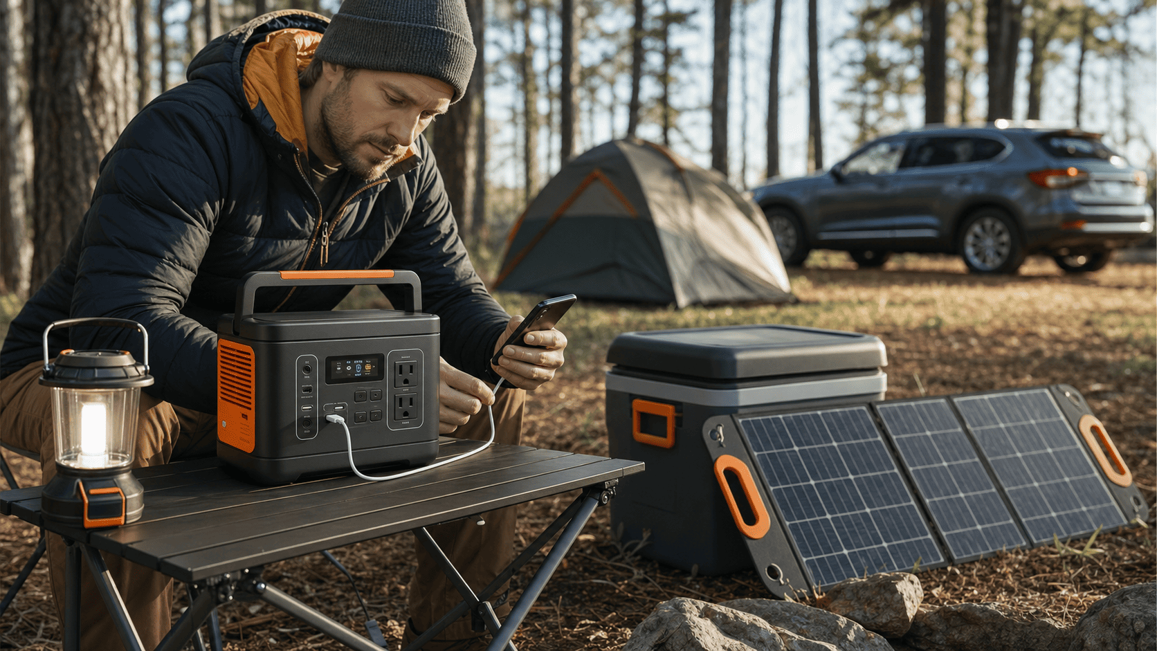 Campsite setup with portable power equipment