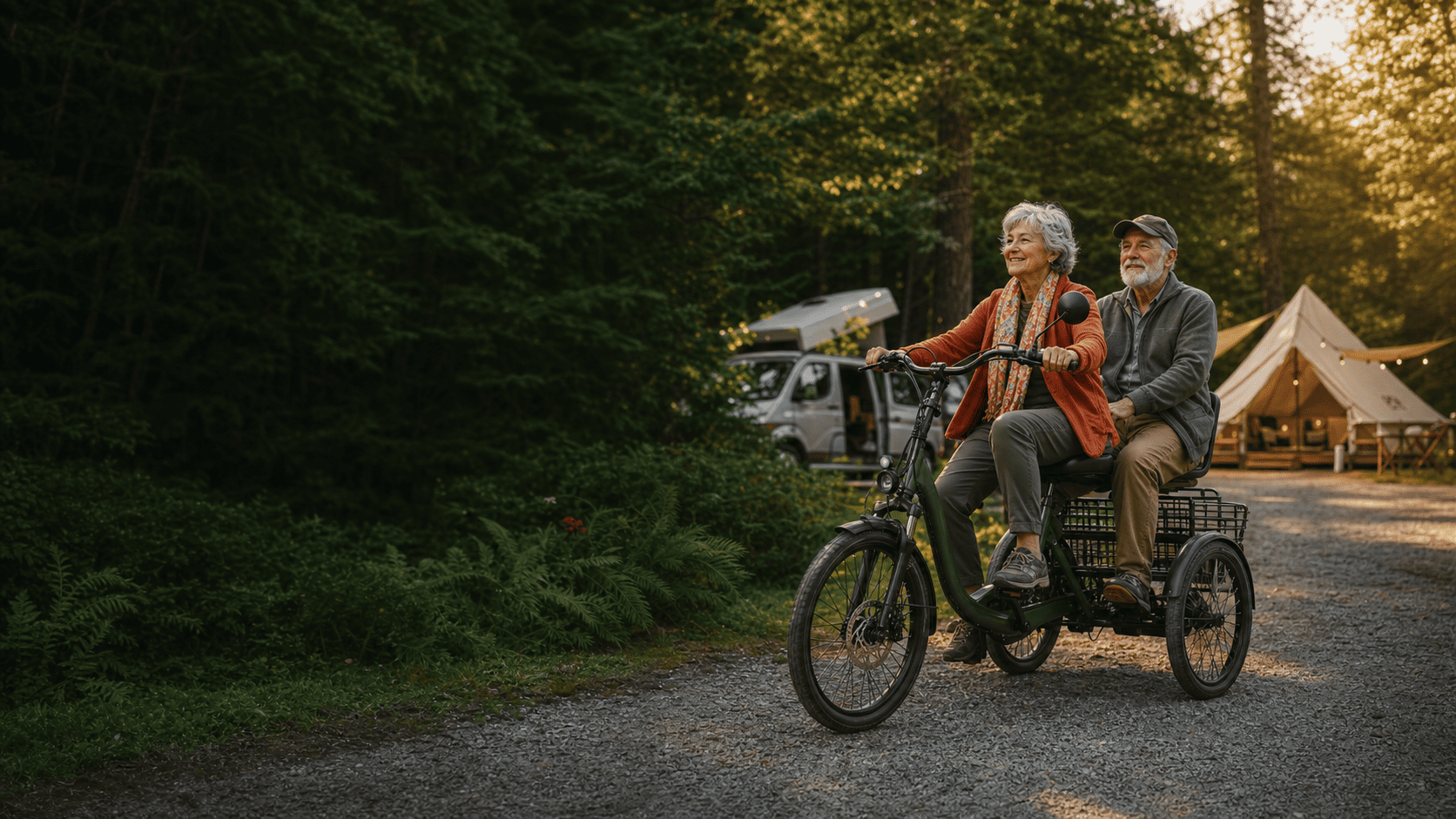 Older couple riding an electric trike along a campground road