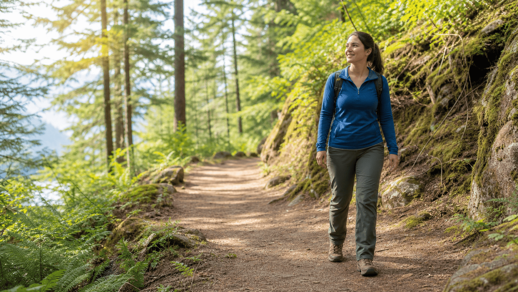 Hiker on a forest trail wearing a daypack and hiking boots
