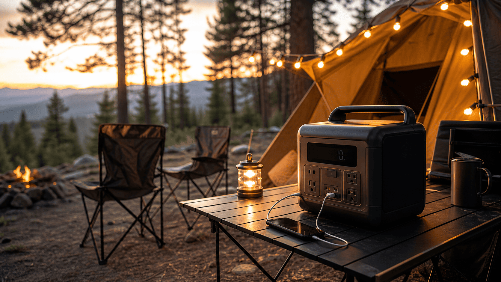 Portable power station set up on a table at a campsite