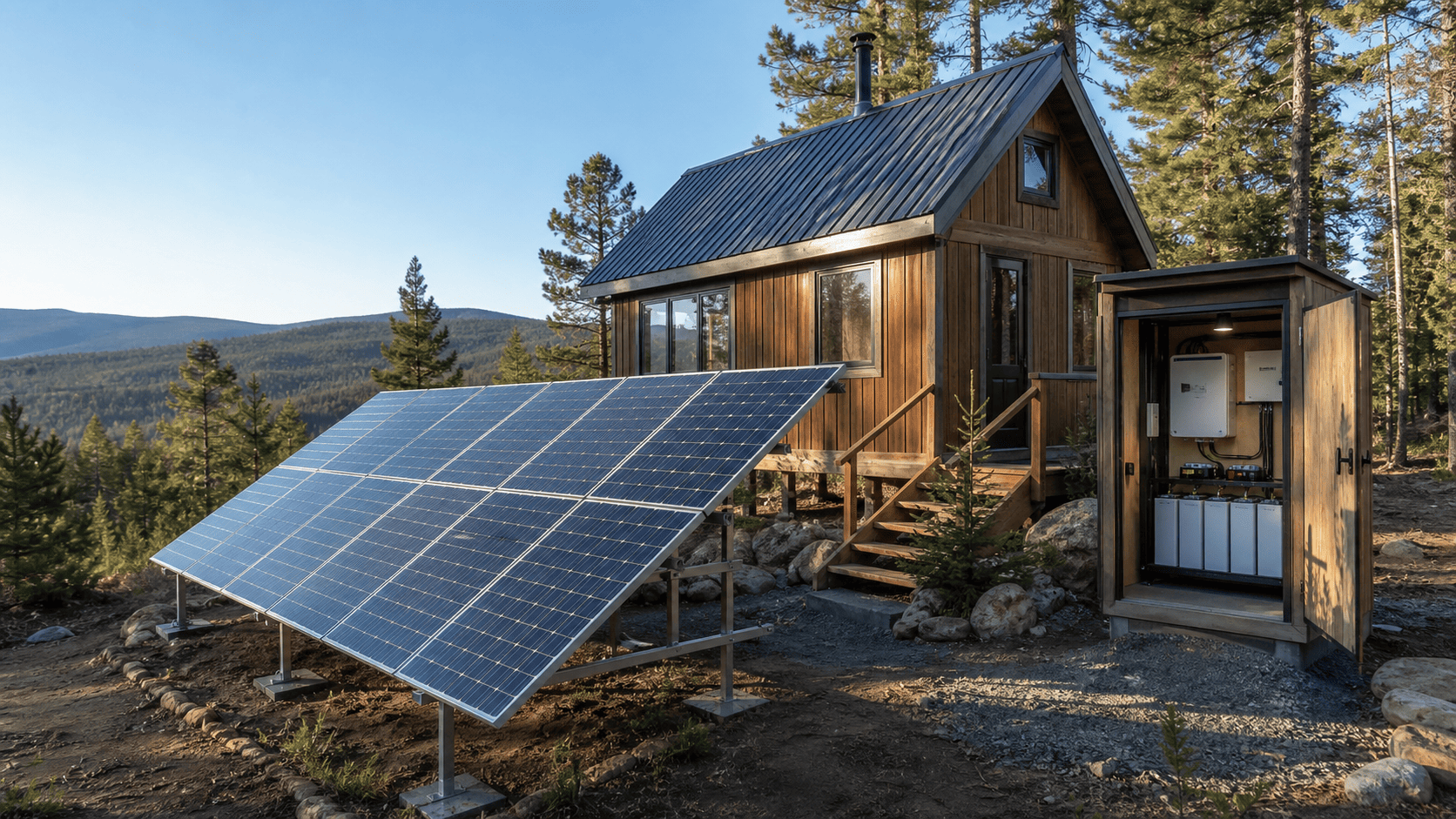 Solar panels and battery bank set up for an off-grid power system