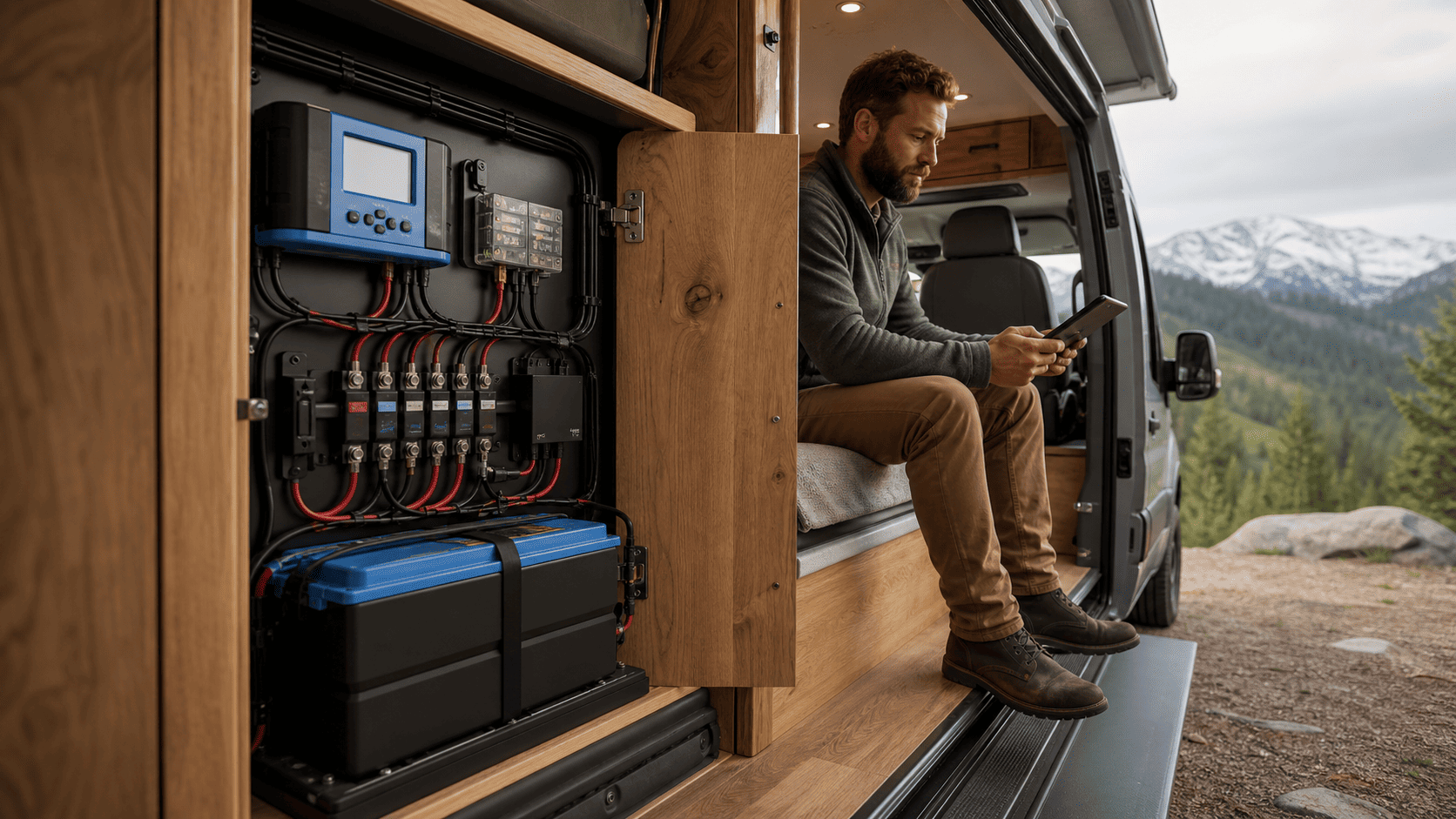 Van interior electrical setup with wiring and battery components